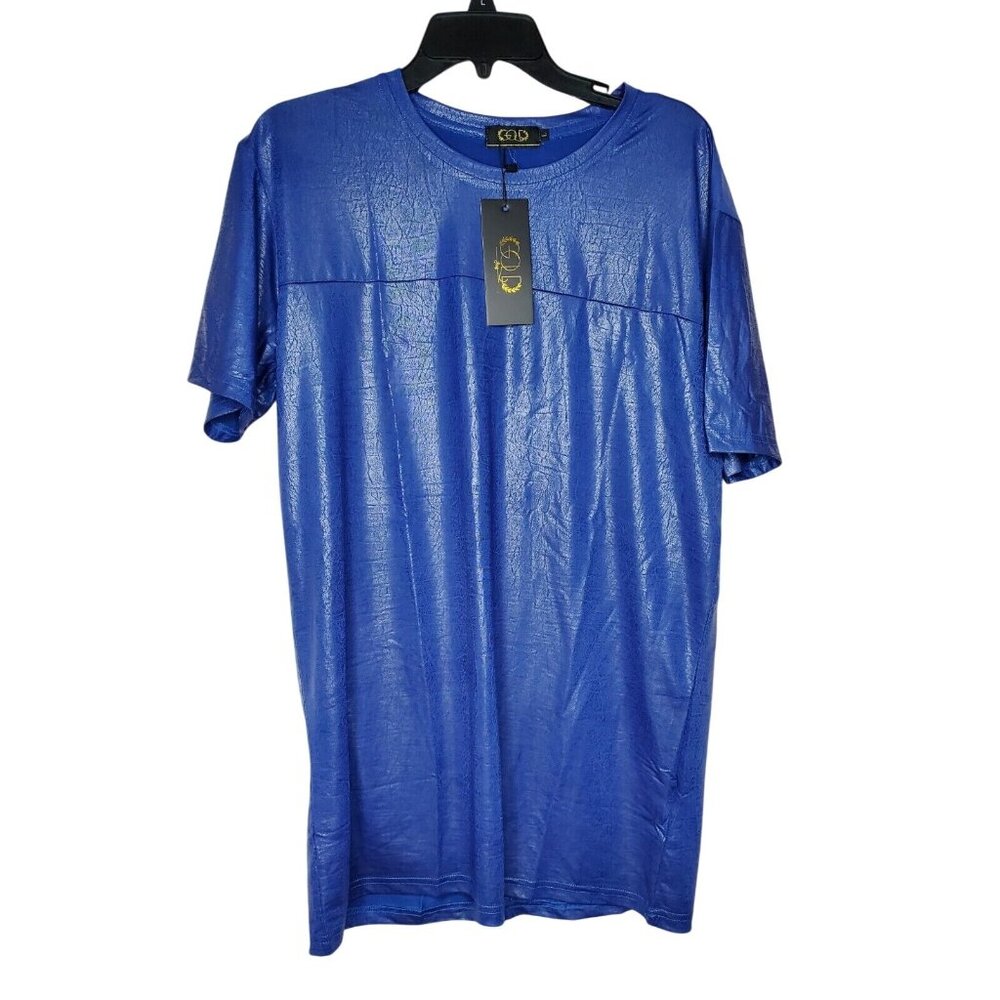 Gold Leaf Royal Blue Leather Feel Short Sleeve Designer Shirt – Large Size